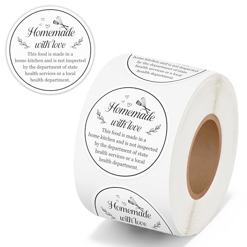 PANTIDE Cottage Food Law Labels Stickers - 500 Count Homemade with Love Adhesive Round Decal Roll, Made in a Home Kitchen Inspection Statement Thermal Printed for Baked Food Packaging (2 x 2 Inch) - color: Food Law White