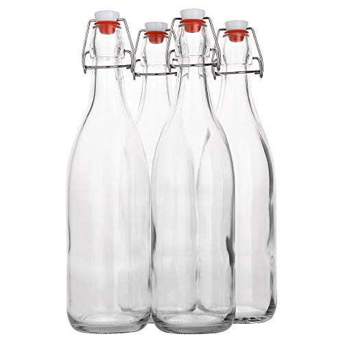AYL Flip Top Glass Bottle [1 Liter / 33 fl. oz.] [Pack of 4] – Swing Brewing Bottle with Stopper for Beverages, Oil, Vinegar, Kombucha, Water, Soda, Kefir – Airtight Lid & Leak Proof Cap – Clear - size: 33