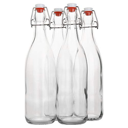 AYL Flip Top Glass Bottle [1 Liter / 33 fl. oz.] [Pack of 4] – Swing Brewing Bottle with Stopper for Beverages, Oil, Vinegar, Kombucha, Water, Soda, Kefir – Airtight Lid & Leak Proof Cap – Clear - size: 33
