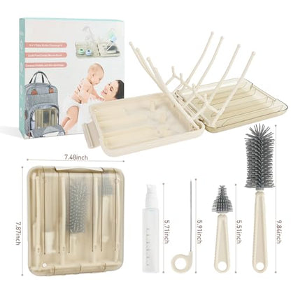 Baby Bottle Brush Set, 6-in-1 Travel Bottle Cleaner Kit with Silicone Bottle Brush, Nipple & Straw Brush, Soap Dispenser, Drying Rack, Storage Box – Compact Baby Travel Essential for Home & On-The-Go - color: Beige