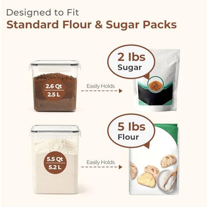 3 PCS Airtight Flour and Sugar Container for Pantry - 5lb Flour Capacity - 7.1 Inch Extra Wide Mouth Square Pantry Storage - Set of 3 (5.2L/5.5Qt) (2.5L/2.6Qt*2) - Stackable Baking Supplies Organizer - size: 5.5Qt/2.6Qt-Square