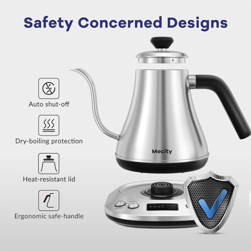 Mecity Electric Gooseneck Kettle With LCD Display Automatic Shut Off Retro Coffee Kettle Temperature Control Hot Water Boiler to Pour Over Tea, 1200 Watt Quick Heating Tea Pot, 0.8L, Stainless Steel - color: Stainless Steel