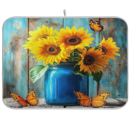 Butterfly Sunflowers Jar Dish Drying Mat Kitchen Dish Drying Pad Absorbent Microfiber Sink Mat for Coffee Bar Draining Racks Sinks 18x24 Inch - size: 18x24in