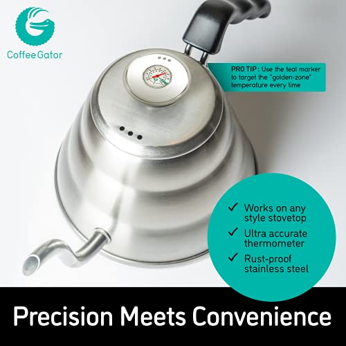 Coffee Gator Gooseneck Kettle with Thermometer - 40oz Premium Stainless Steel Pour Over Coffee Maker Kettles, Stove Top, w/Precision Drip Spout, for Drip Coffee, French Press, Tea Kettle, 5 Cup, 1.2L - size: 40 fl oz