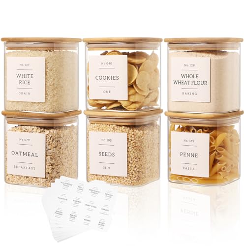 6 Pack Square Glass Pantry Storage Containers with 132 Kitchen Food Pantry Labels - 24 floz Clear Glass Pantry Jars with Airtight Wood Bamboo Lids - Glass Canisters for Sugar, Cereal, Coffee, Spice - size: 24oz-6pack