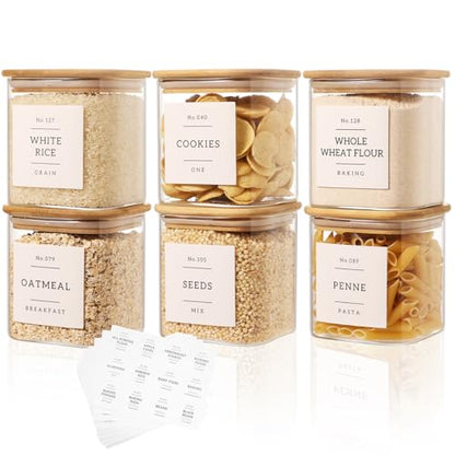 6 Pack Square Glass Pantry Storage Containers with 132 Kitchen Food Pantry Labels - 24 floz Clear Glass Pantry Jars with Airtight Wood Bamboo Lids - Glass Canisters for Sugar, Cereal, Coffee, Spice - size: 24oz-6pack