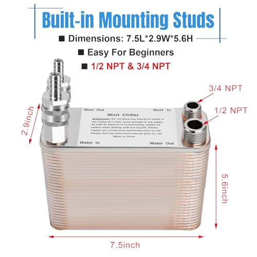 Ferroday Wort Chiller, 60 Plate Stainless Steel Brazed Plate Heat Exchanger, 1/2 NPT & 3/4 NPT Thread Plate Wort Chiller, Beer Brewing Chiller Wort Cooler For Homebrew-7.5" x 5.6" - size: 60 Plate（1/2 NPT & 3/4 NPT）