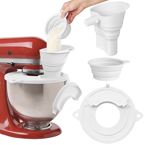Silicone Bowl Cover with Flour Funnel for Kitchen Aid Mixer, Kitchenaid Bowl Cover for KitchenAid 4.5-5 Qt, Foldable Kitchen Funnel and Silicone Cup,Dishwasher Secure,White - color: White