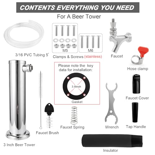 Ferroday Single Beer Tap Beer Tower, Beer Tower dispenser Stainless Steel Tower Kegerator Parts Kit with All Stainless Steel Keg Tap Beer Faucet, Preassembled Line Keg Tower, 3" Kegerator Tower Column - size: Single Tap-Stainless Steel Faucet