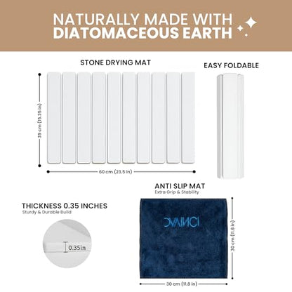 Large Stone Dish Drying Mat for Kitchen Counter, 23.5 x 15.4 in Diatomaceous Earth Mat, Quick Dry, Super Absorbent & Non-Slip, Includes Rack, Cleaning Brush, Cloth & Sandpaper – White