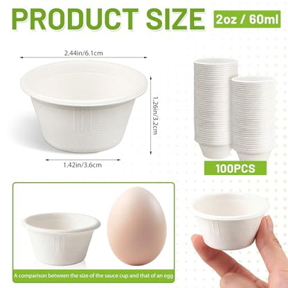 LeonBach 100 Pack Natural Bagasse Fiber Bowls 2oz Disposable Paper Cups Microwavable Safe Sample Snack Charcuterie Serving Cups Disposable Ramekins for Sauce Portion Condiment Ice Cream, White - color: White, style: 2oz-100 Pack