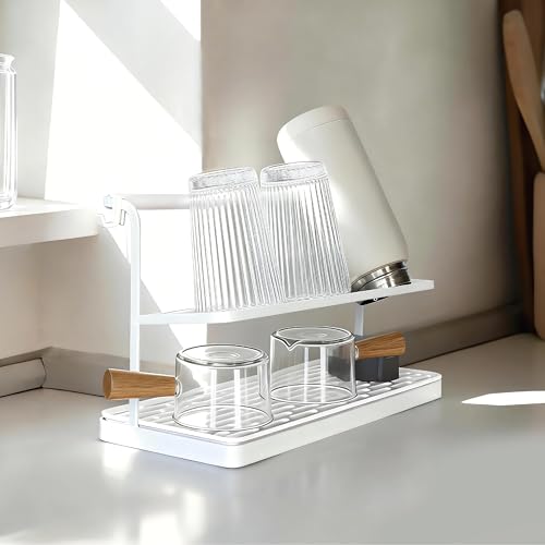 2-Tier Water Bottle Drying Rack for Countertop - Large Carbon Steel Cup Mug Organizer with Removable Drain Tray (White) - color: White