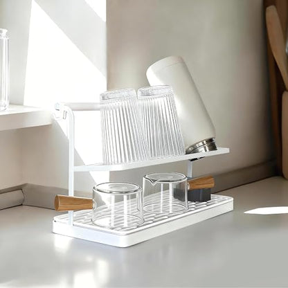2-Tier Water Bottle Drying Rack for Countertop - Large Carbon Steel Cup Mug Organizer with Removable Drain Tray (White) - color: White