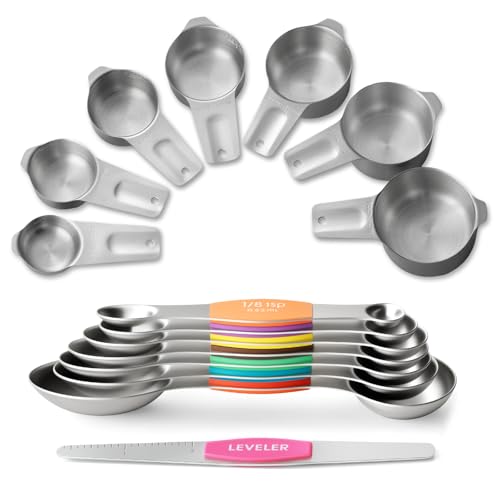 Stainless Steel Measuring Cups & Spoons Set, EWFEN Kitchen Tools Nesting Measuring Cups and Spoons, Fits in Spice Jars for Baking & Cooking, BPA Free, Set of 15 with Leveler, Multicolor - color: Multicolor Spoons