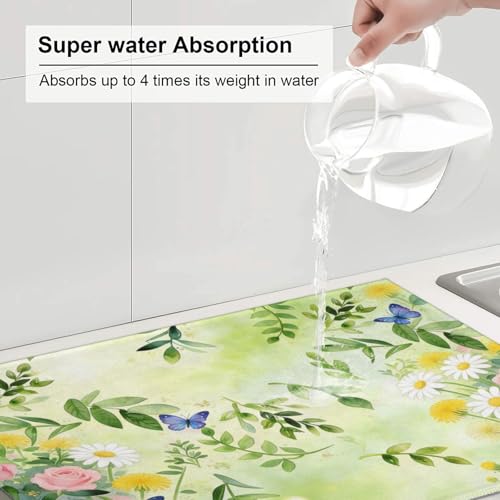 Kitchen Drying Mat for Countertop Fresh Botanical Floral Butterfly Garden Non-Slip Kitchen Counter Mat for Dishes Glassware - color: Light Green