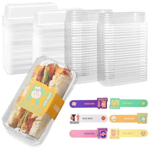 100 Pack Roll Cake Box with Stickers, Swiss Roll Plastic Containers, Sandwich Paper Box with Clear Lids, Muffin Cheese Pastry Dessert Box, Sushi Fruits Display, Bakery Pack,4.9 x 2.5 x 2.6 Inches