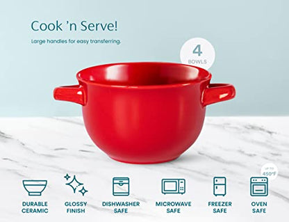 KooK French Onion Soup Crocks with Handles, Ceramic Bowls, for Rice, Dessert, Pasta, Dishwasher, Microwave, Oven & Broil Safe, Red, Set of 4, 18 oz, Red - color: Red