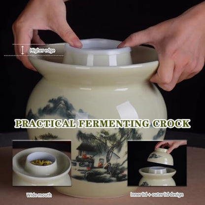 Classical Pastoral Ink Painting Kimchi Jar, Pickling Crock with Plastic Sealed Inner Lid, Ceramic Traditional Fermentation Tank, Decorative Storage Container(7kg) - size: 7kg