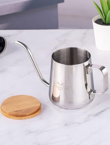 MERMOO YILAN Pour Over Coffee Kettle with Wooden Lid 12oz Coffee Maker | 304 Stainless Steel|Stovetop Coffee Pot |Gooseneck Pouring Kettle|Dishwasher Safe|for Camping,Home,Travel,Office - color: Silver