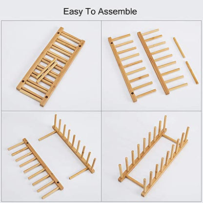 HBlife Bamboo Dish Plate Bowl Cup Book Pot Lid Cutting Board Drying Rack Stand Drainer Storage Holder Organizer Kitchen Cabinet（Keep Dry） - color: Bamboo 8 Slots 1pcs