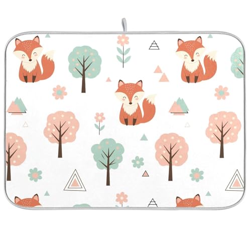 Fox Tree Flowers Dish Drying Mat for Kitchen Counter Super Absorbent Draining Mat with Non-slip Backed Dish Drying Pad for Draining Racks Countertops Sinks Dish Bottles Cups Bowl