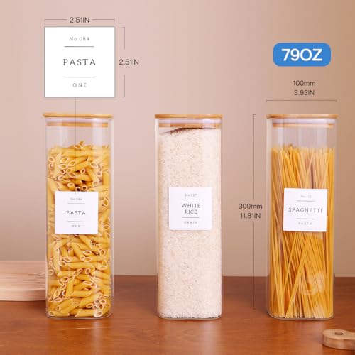 CZZGSM 3 Pack Square Kitchen Storage Jars with Airtight Bamboo Lids and 132 Pantry Labels - 80oz Glass Canisters with Wood Lids - Food Storage Containers for Spaghetti, Pasta, Fettuccine - color: 80OZ-3Pack