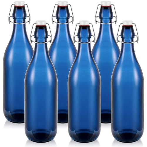 Teenyyou 6 Pcs Blue Glass Bottles 1 L/ 33.75 oz Decorative Wine Bottles Flip Top Glass Water Bottle with Airtight Lid for Home Decor Garden Tree Yard Outdoor Decorations - color: Blue, size: 33.75 oz