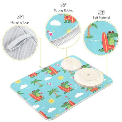 Crocodile Palm Trees Dish Drying Mat for Kitchen Counter Super Absorbent Draining Mat with Non-slip Backed Dishwashing Mat for Dish Cups Bowl Bottles Countertops Sinks Draining Racks