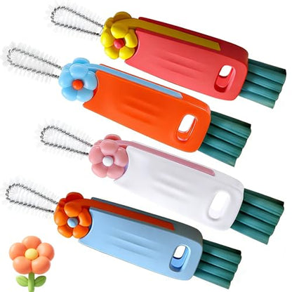 3 in 1 Cup Lid Cleaning Brush, 4PCS Multifunctional Crevice Cleaning Brush for Water Bottle Insulated Cup Tumbler Lid Groove Narrow Space Detail Cleaner Home Kitchen Gadgets - color: Red, Blue, White, Orange(flower)
