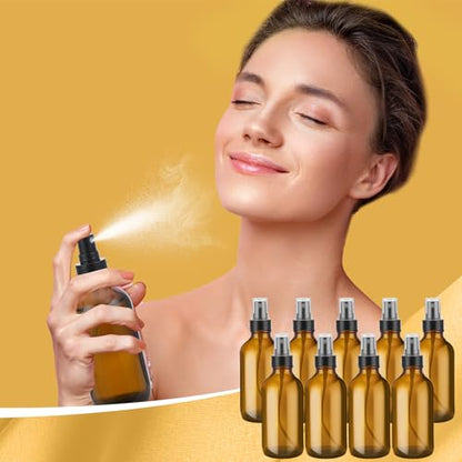 Fumete 2 Pack Glass Bottles 4oz Empty Refillable Liquid Containers with 1 Label 1 Funnel for Essential Oils Hair Travel Plants Cleaning Skin Care(Amber, Black Top,Mist Bottle) - color: Amber, Black Top, style: Mist Bottle