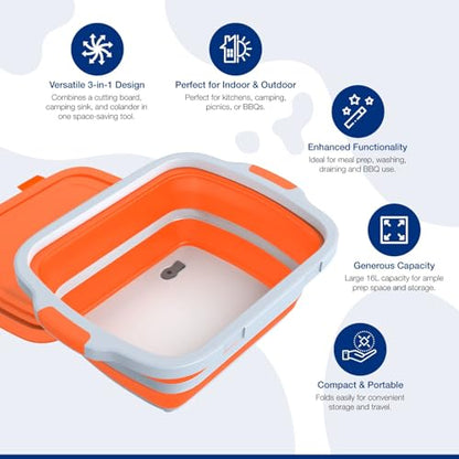 2-Pack XL Collapsible BBQ Prep Tub with Built-In Cutting Board, Lid & Strainer – Marinate, Drain & Prep – Large Food-Safe Container – Perfect for Grilling, Smoking & Outdoor Cooking - color: Orange