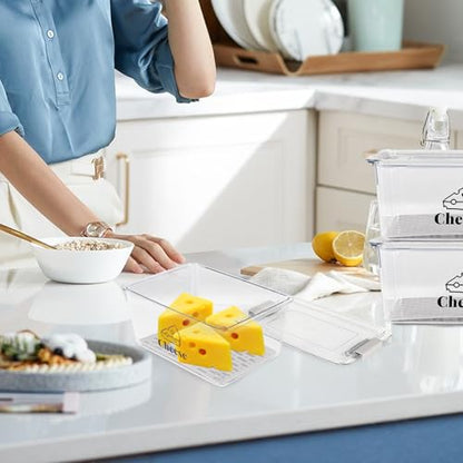 3 Pack Cheese Container Airtight with Draining Basket Cream Block Cheese Sliced Cheeses Box with Lid Saver for Fridge Deli Meat Storage Box,Cheeses Sliced,Grated,Cheddar Keeper - color: Clear - 3 Pack