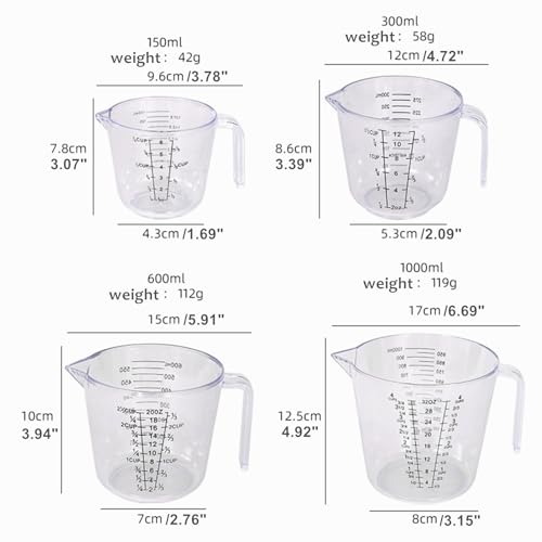 4Pcs Measuring Cups Sets,4 Sizes 150/300/600/1000ML,Liquid Measuring Cups For Kitchen BPA Free Plastic with Nozzle Handle Multiple Measurement Scales Thick (White)
