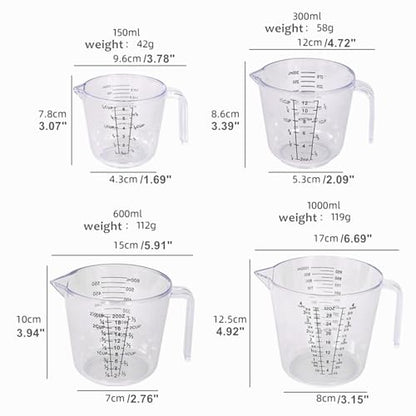 4Pcs Measuring Cups Sets,4 Sizes 150/300/600/1000ML,Liquid Measuring Cups For Kitchen BPA Free Plastic with Nozzle Handle Multiple Measurement Scales Thick (White)