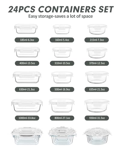 VERONES 12 Packs Glass Food Storage Containers Set, Airtight Glass Lunch Containers, Glass Meal Prep Containers with Lids,Exclusive of BPA, for Microwave, Oven, Freezer & Dishwasher Friendly,White - color: White-24