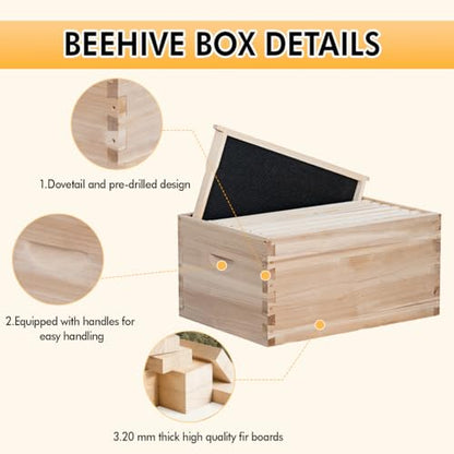 POLLIBEE 8 Frame Deep Bee Hive Box, Langstoth Deep Brood Bee Box for Beekeeper,Include Beehive Frames and Wax Foundations (unassembled)