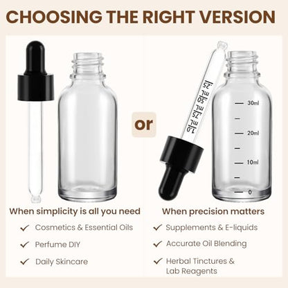 UPBUD 63 Pcs 1oz Clear Glass Dropper Bottles with Measurement, 30ml Leakproof Tincture Bottles with Funnels, Eye Droppers, Extra Caps & Labels, Refillable Empty Bottle for Tinctures, Essential Oils - color: Clear-1oz, size: 1oz