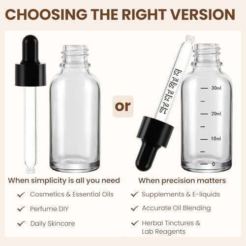 UPBUD 63 Pcs 1oz Clear Glass Dropper Bottles with Measurement, 30ml Leakproof Tincture Bottles with Funnels, Eye Droppers, Extra Caps & Labels, Refillable Empty Bottle for Tinctures, Essential Oils - color: Clear-1oz, size: 1oz