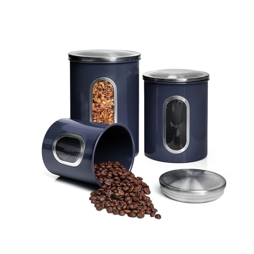 Mixpresso 3-Piece Blue Canisters Sets For The Kitchen, Airtight Canister Set With See Through Window, Storage Jars for Coffee Container, Tea Organizer & Sugar Canister, Blue Kitchen Canisters - color: Blue