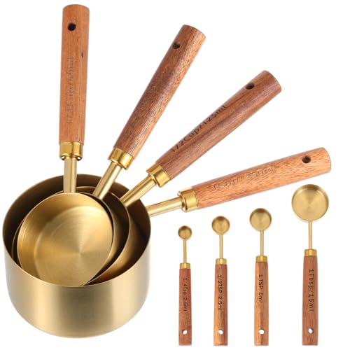 Stainless Steel Measuring Cups Set and Measuring Spoons Wooden Handle Metal Measure Cups and Spoons for Cooking and Baking, Gold, 8 Piece - color: Gold
