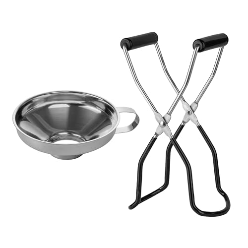 Canning Tongs Jar Lifter & Canning Funnel with Wide Mouth, Set of 2 - All Size Canning Jar Lifter with Rubber Grips - Canning Jar Lifter Tongs Secure Grip, Stainless Steel