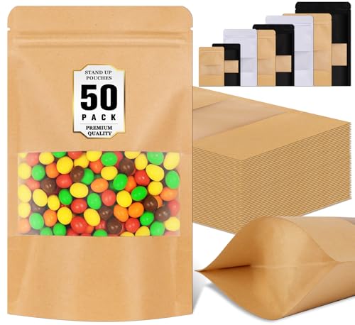 Jetmore 50 Pack Stand Up Pouches, Reusable Bags with Frosted Clear Window, Resealable Bags for Small Business, Brown Paper Bag for Coffee, Tea, Herbs, Spice, Snack, Baked Goods, Sample, Jerky Storage - color: Yellow, size: 6.7x9.8in (17x25cm)