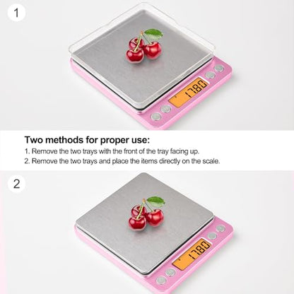 0.01g High Precision Kitchen Food Scale, Diyife 500g Portable Digital Scale with LCD Display, Tare, Multifunctional Gram Scale Weight for Cooking, Baking, Jewelry, 2 Tray, Batteries Included, Pink - color: Pink