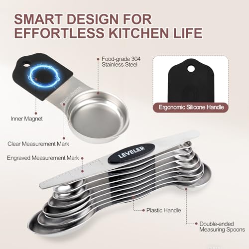 16-Piece Stainless Steel Measuring Cups and Spoons Set, Strong Magnetic Nesting Design 7 Cups 8 Spoons with Leveler, Double Measurement Markings for Dry & Liquid Ingredients, Black - color: 16-Piece Black