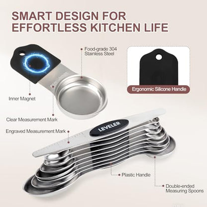 16-Piece Stainless Steel Measuring Cups and Spoons Set, Strong Magnetic Nesting Design 7 Cups 8 Spoons with Leveler, Double Measurement Markings for Dry & Liquid Ingredients, Black - color: 16-Piece Black