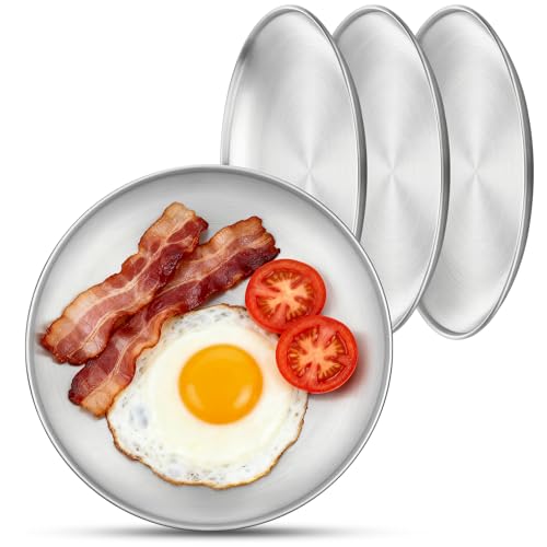 4 Stainless Steel Plates, 7.8 inch Small 201 Metal Camping Plate, Reusable Food Serving Dishes Snack Eating Round Shatterproof Brushed Finish Silver Dish for Dinner Oven Dishwasher Safe - size: 7.8"