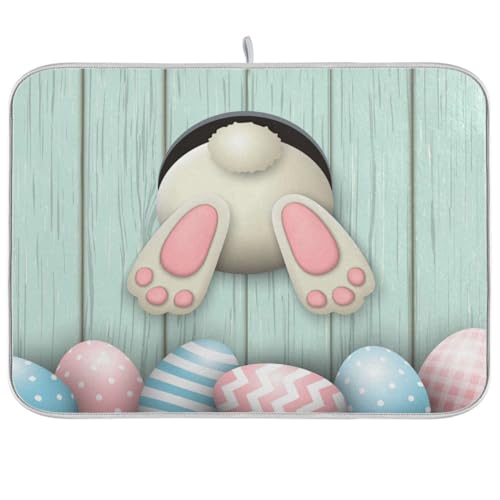 Easter Bunny Tail Dish Drying Mat for Kitchen Counter Easter Eggs Microfiber Drying Mats Absorbent Reversible Dish Pad Draining Mats for Countertop Coffee Mats Medium 16x18 inch Gift - color: easter, size: 18" x 16"