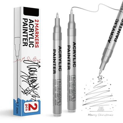 Acrylic Paint Pens Waterproof Markers 2 Silver Permanent Marker Pens Acrylic Pens for Rock Painting Glass Stone Ceramic Metal Fabric Pebble Painting pens Craft Supplies - color: Silver