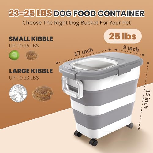 23-25 Lbs Airtight Dog Food Storage Container,Collapsible Dog Food Container with Lid,Wheels,Handle,Large Pet food storage Container with Scoop,Small Food Container for Dog Cat - color: Grey/25 LBS
