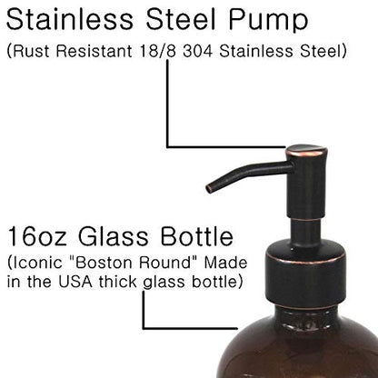 2 Pack Thick Amber Glass Pint Jar Soap Dispenser with Oil Rubbed Bronze Stainless Steel Pump, 16ounce Boston Round Bottles Dispenser with Rustproof Pump for Essential Oil, Lotion Soap | ORB Stainless Steel Pumps - color: Oil Rubbed Bronze Dispenser